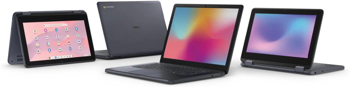 The Dell Education Series line-up — a Chromebook 2-in-1 in tent mode, a Dell Chromebook 14 from behind, a Dell Pro Education 14 laptop and a Dell Pro Education 11 2-in-1